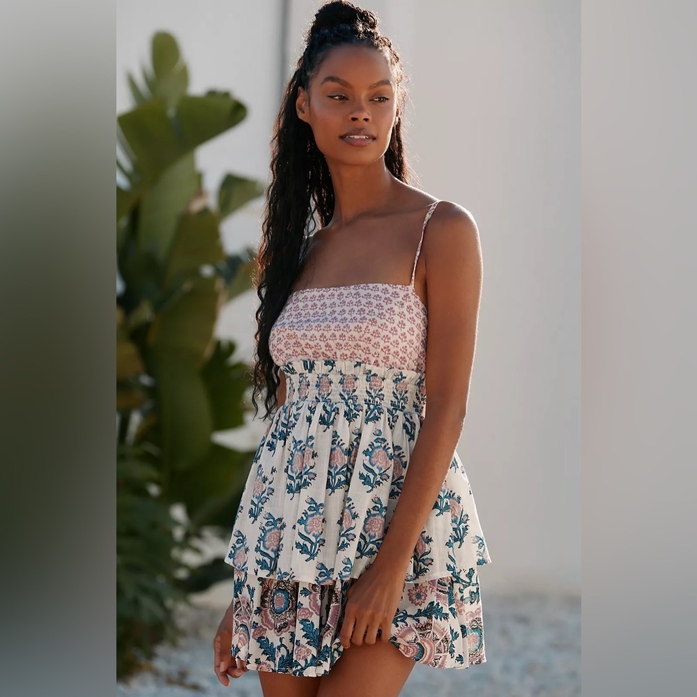 Anthropologie Pink and Blue Floral Tiered Mini Dress